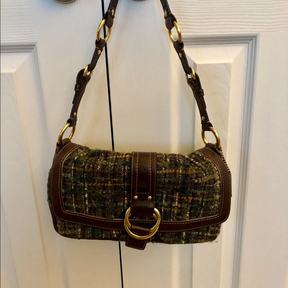 Coach multicolor tweed and leather shoulder bag